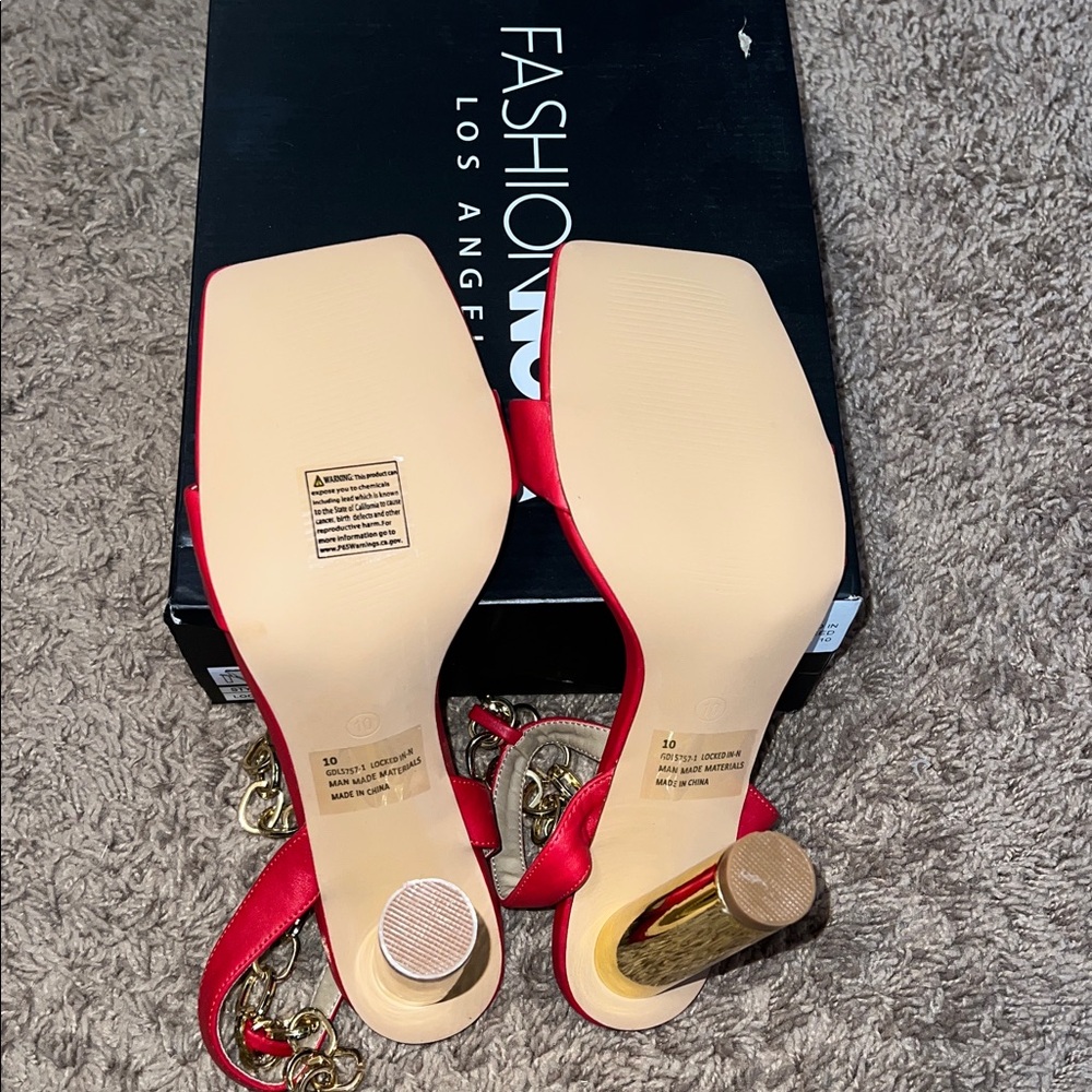 Fashion Nova Red and Gold Chain Heels - Picture 3 of 5